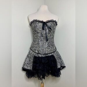 Hips & Curves Adjustable Corset Petticoat Set 2X Lingerie Black Silver Rose Lace